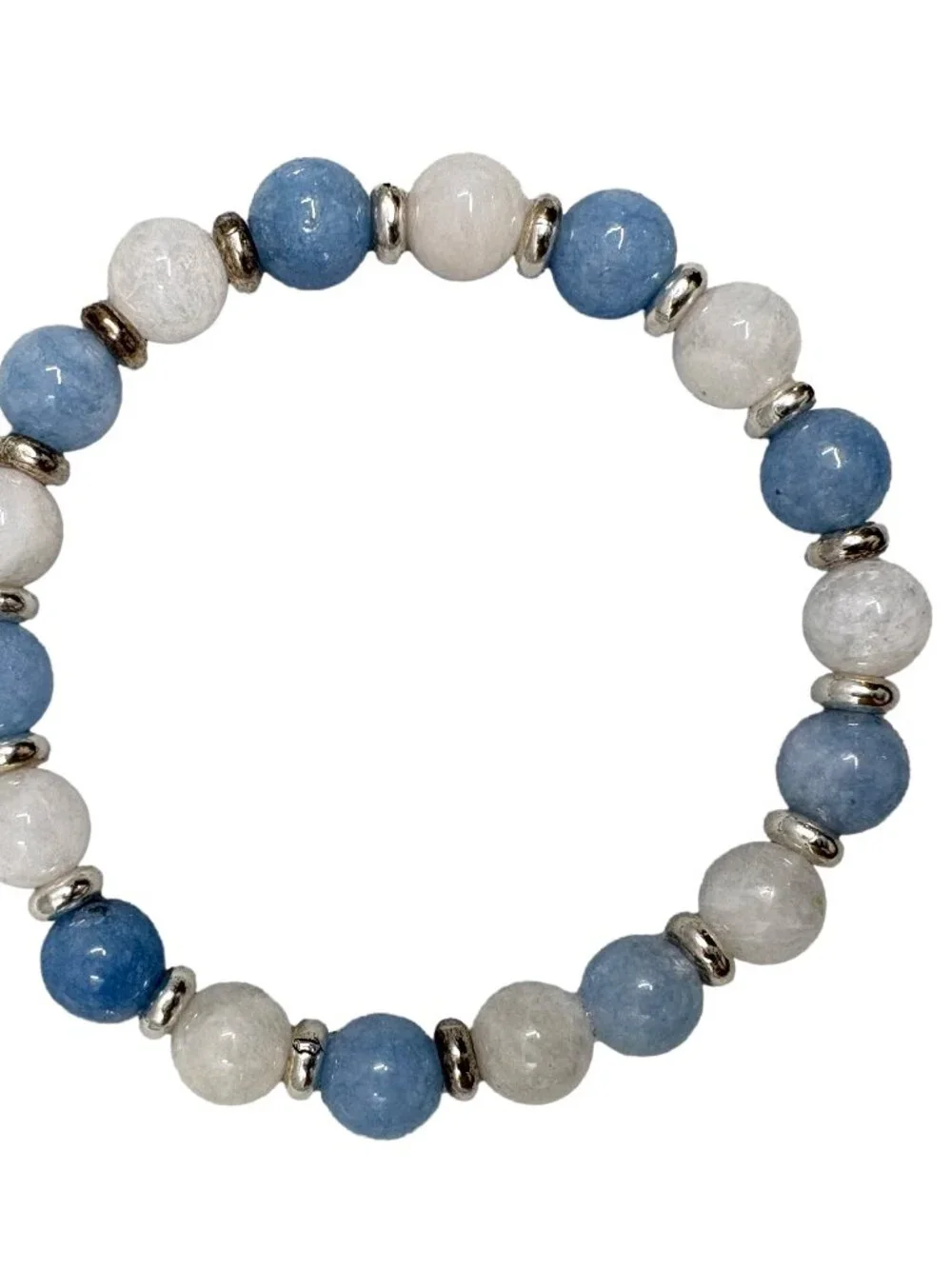 8mm Natural Aquamarine White Moonstone Gemstone Stretch Bracelet Silver Bead